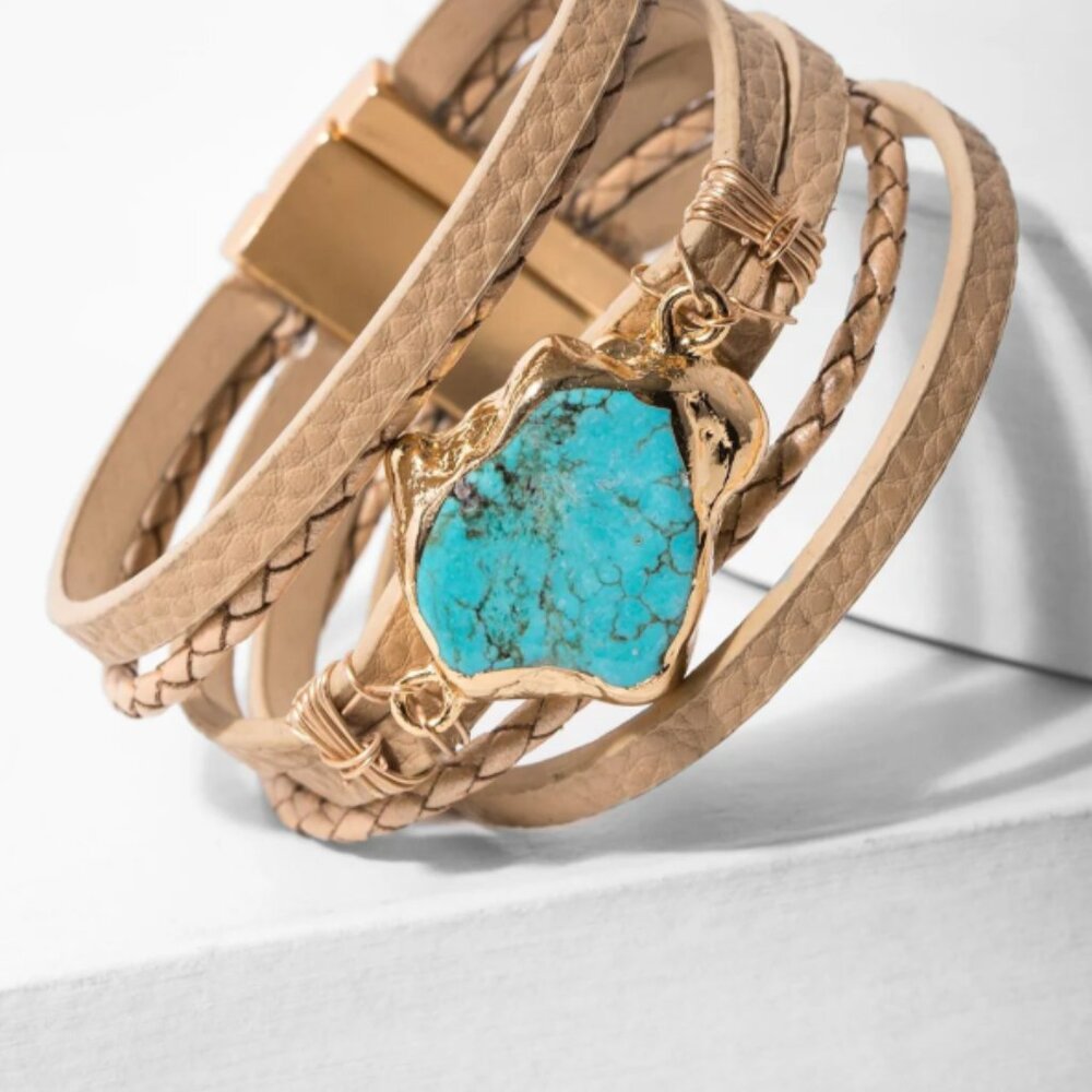 Saachi Braided Turquoise Bracelet-Beige BOHO Chic New - Picture 1 of 8